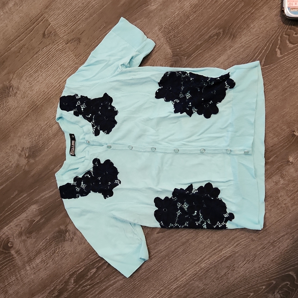New York & Company Light Blue Cardigan with Black Lace Accents